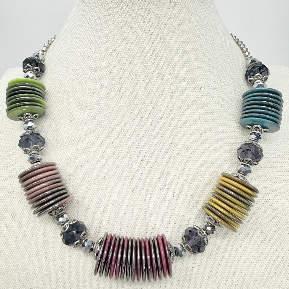 Stacked Resin Disc Statement Necklace Multi Color‎ Silver Tone Crystal Beads